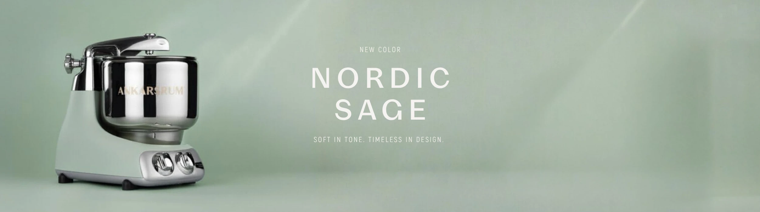 Ankarsrum stand mixer in new Nordic Sage color.