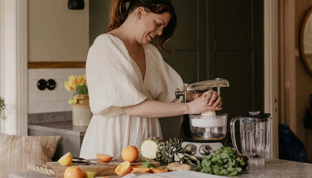 Person som pressar citrusfrukter med Ankarsrum Assistent som del av Go Green-paketet.