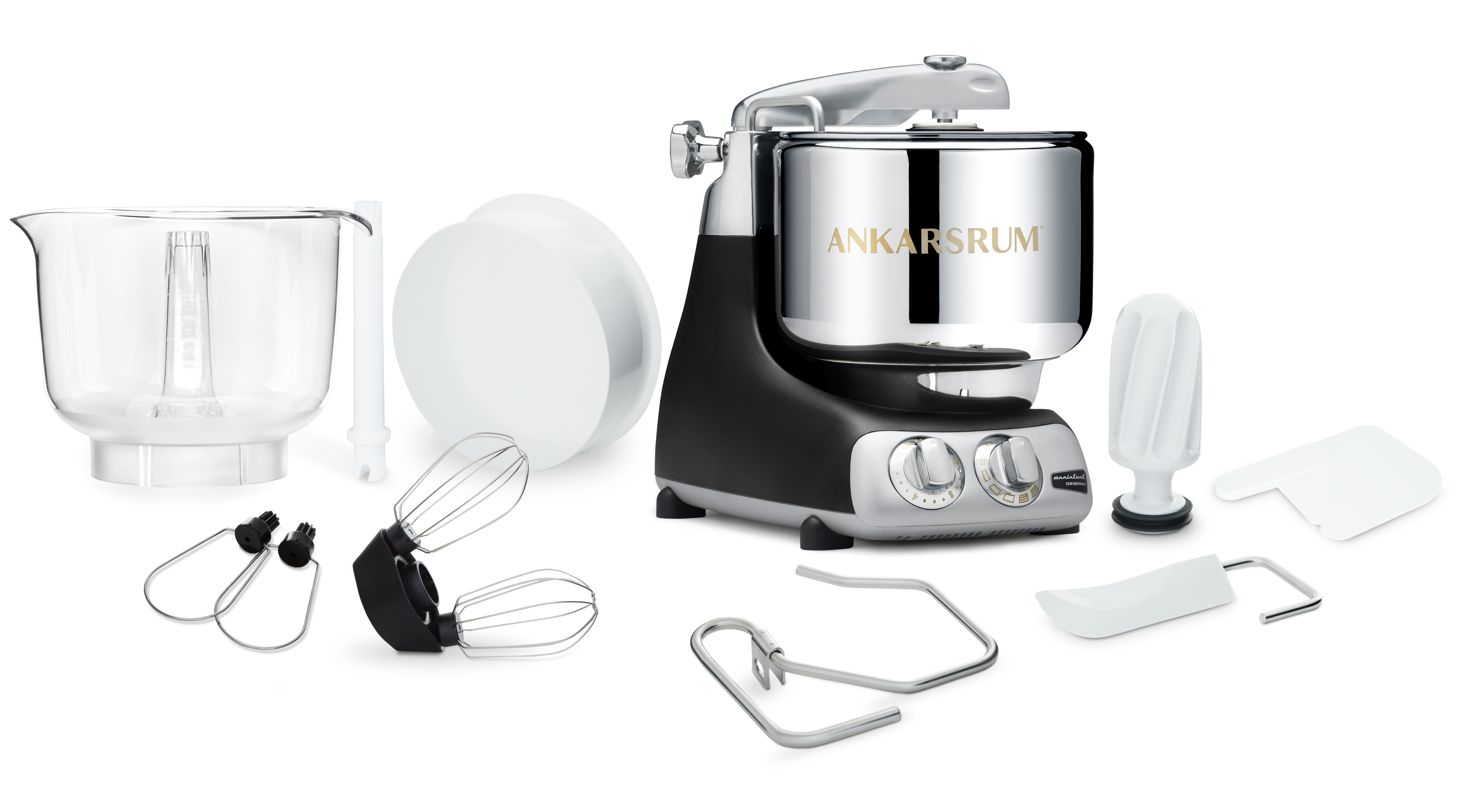 Ankarsrum Assistent Basic Package, including various attachments.