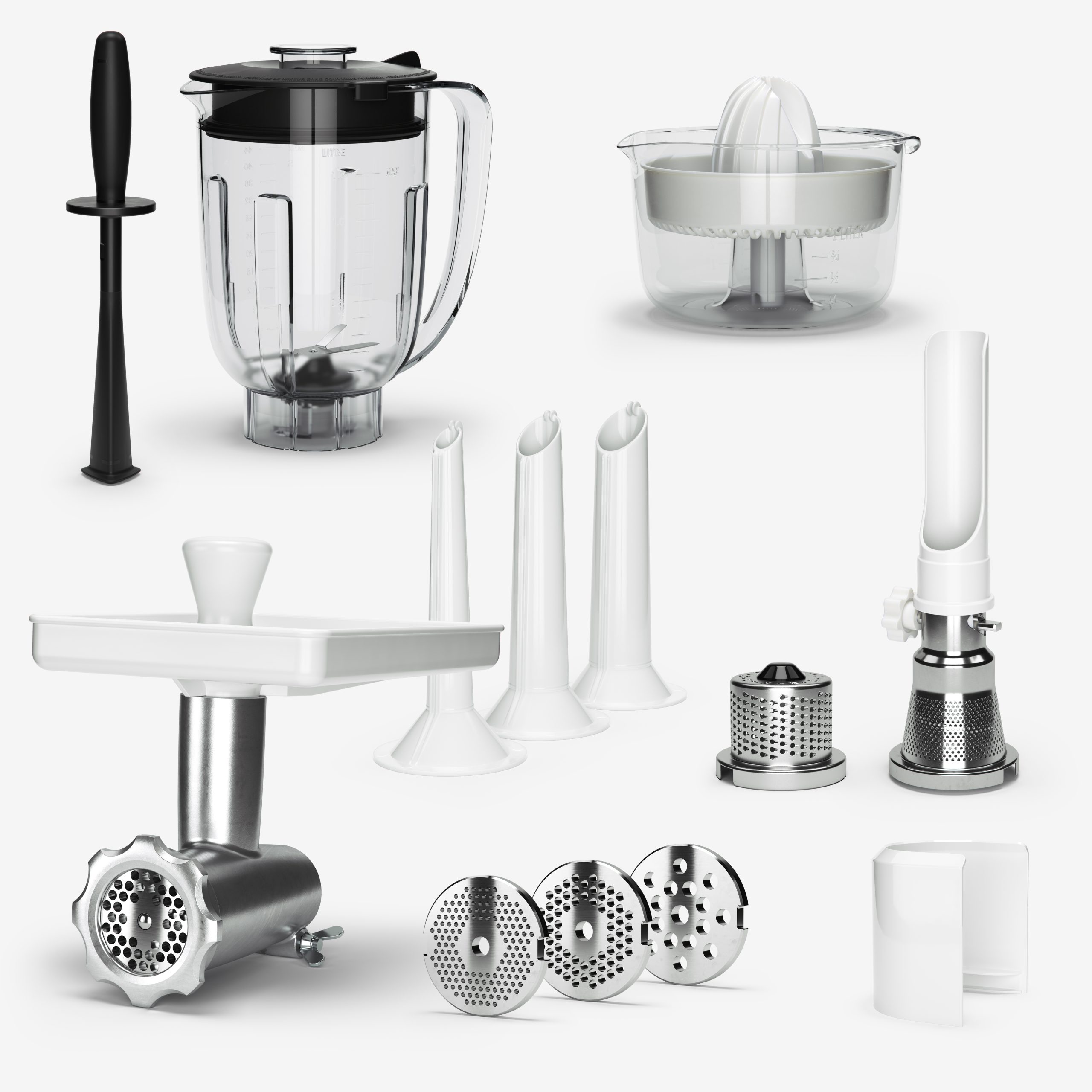 Mincer with Hole Discs & Sausage Horns, Strainer, Grater, Citrus Press and Blender with Tamper.